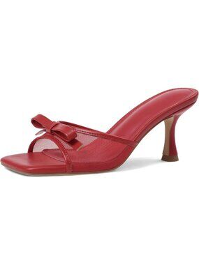 Women's Red Heeled Sandals Open Square Toe Kitten Heels Slip On Bow Mesh Mules